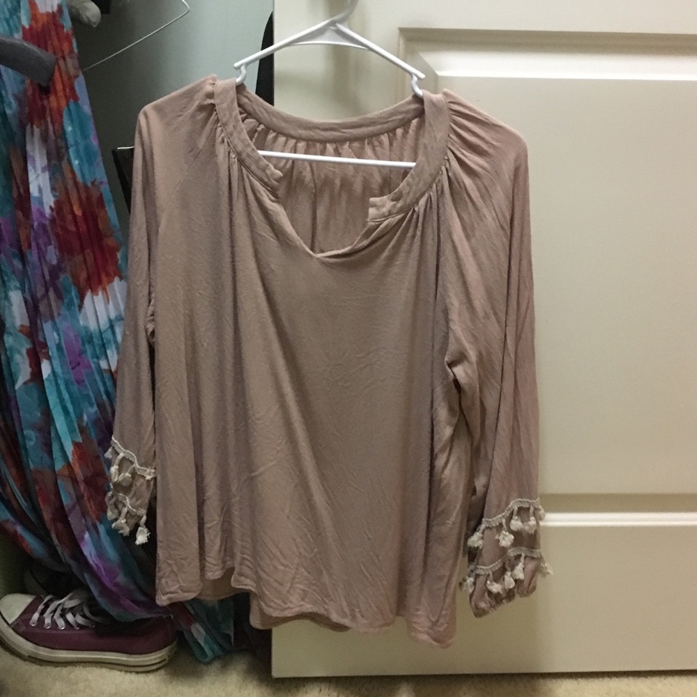 Beige Tassel Long Sleeve Blouse